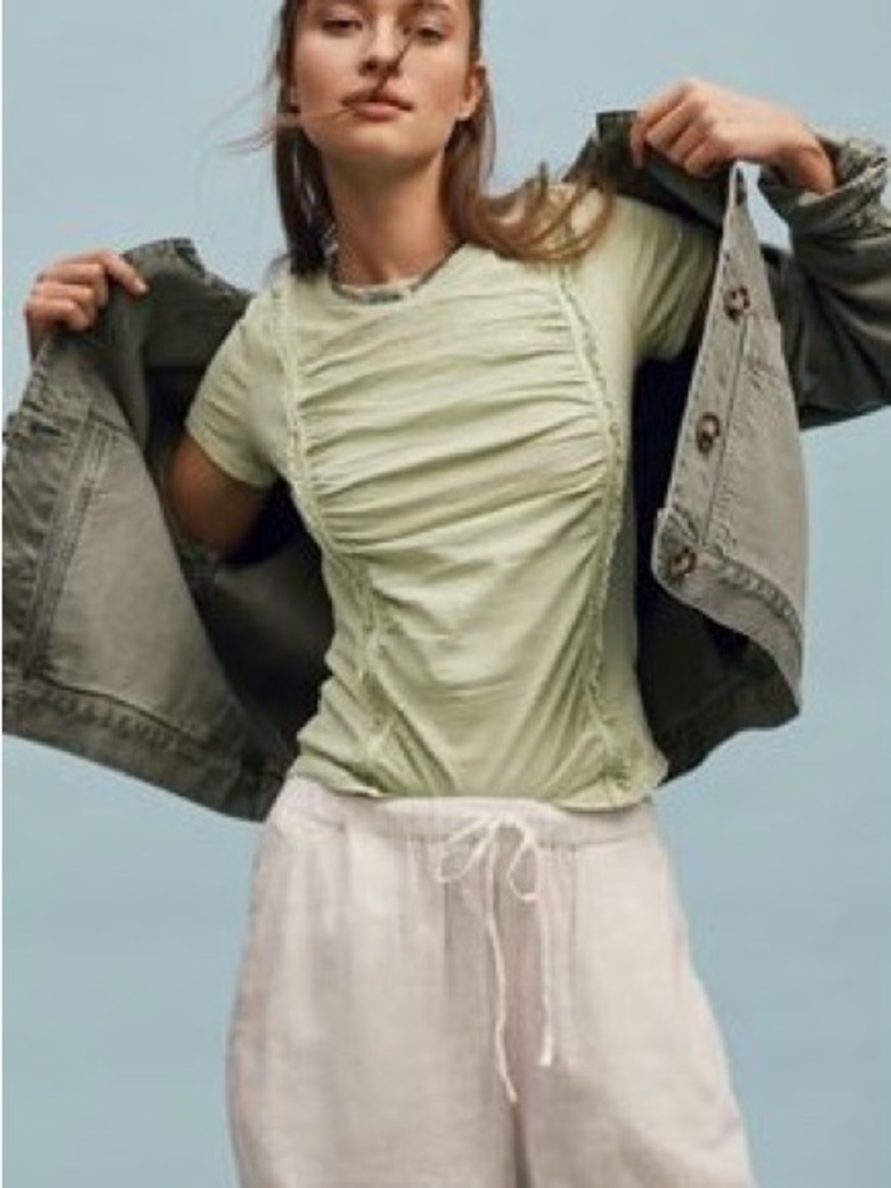 Pilcro Ruched Front Short-Sleeve Tee in Sage Green